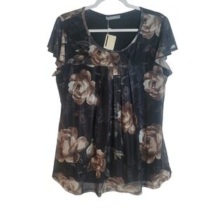 Furnex Womens Black Dark Floral Mesh Flutter Sleeve Pleated Front Top NWT Size L